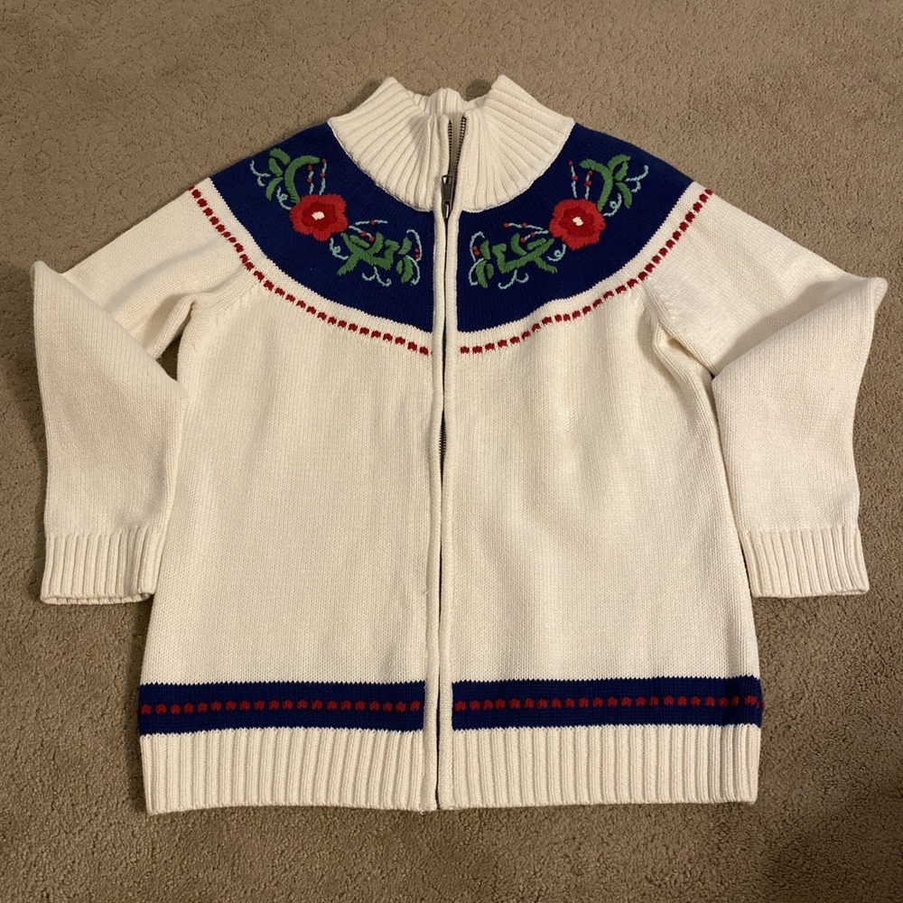 TALBOTS 100% COTTON ZIP-UP WOMEN'S CARDIGAN SWEATER MOCK NECK FLORAL SIZE SP